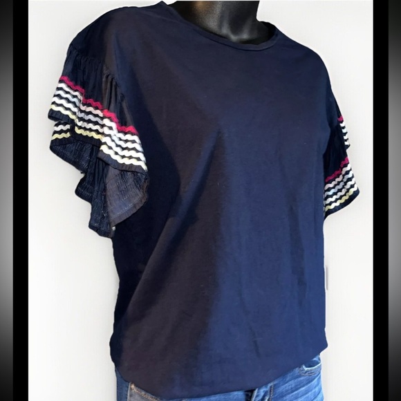 STELLA & DOT 'Everly' Flutter Ric Rac Sleeves Navy Blue T-Shirt Size Small - Picture 2 of 9